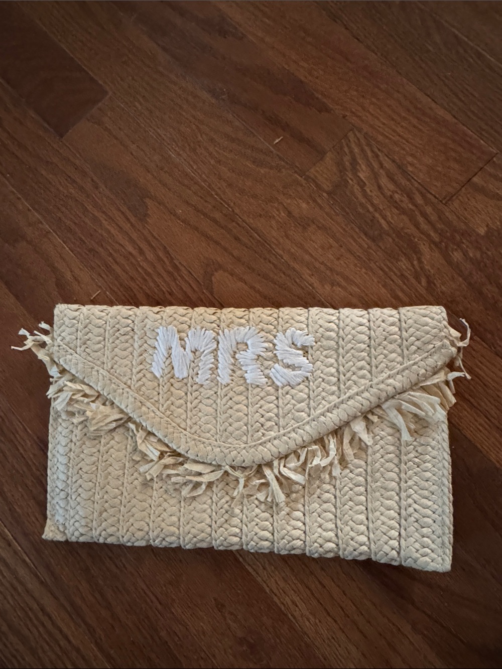 Woven Cream Fringe Clutch “MRS”